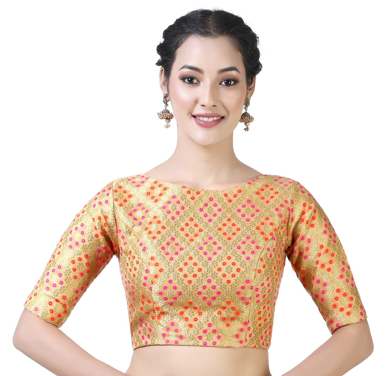 X3 Women's  Brocade Zari Weaving Elbow Length Sleeves Saree Blouse