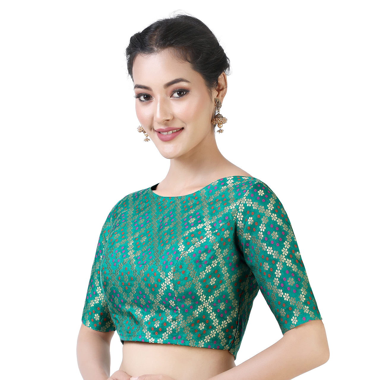 X3 Women's  Brocade Zari Weaving Elbow Length Sleeves Saree Blouse