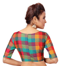 X3 Women's  Pure Cotton Madras Checks Elbow Length Sleeves Saree Blouse