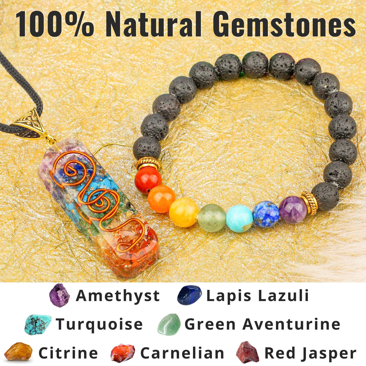 Crystal Vibe 7 Chakra Necklace and Bracelet Set for Women & Men - Spiritual Healing Pendant Necklace with Adjustable Cord - Stretchable chakra Bracelet - Chakra Crystals jewelry Handmade