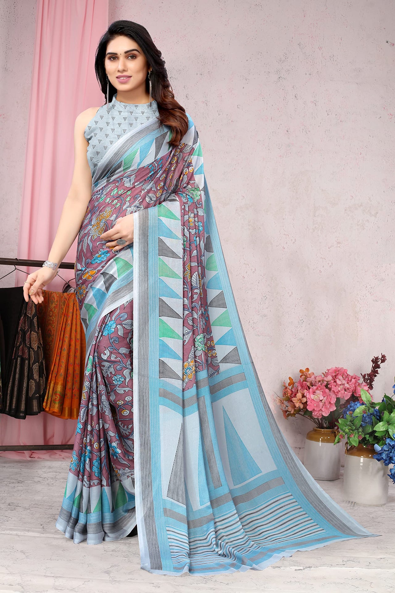 MIRCHI FASHION Women's  Stylish Chiffon Floral and Geometric Printed Saree with Blouse Piece