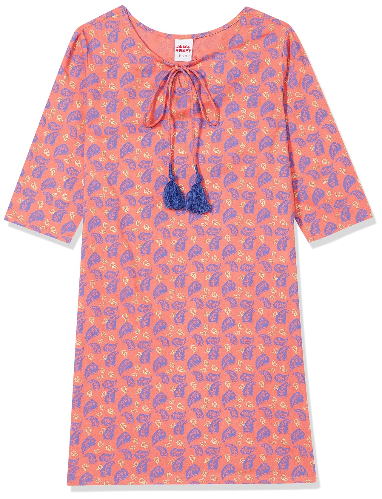 Amazon Brand - Jam & Honey Girl's  Cotton Regular Short Kurti PEACH 2 2 Years-3 Years