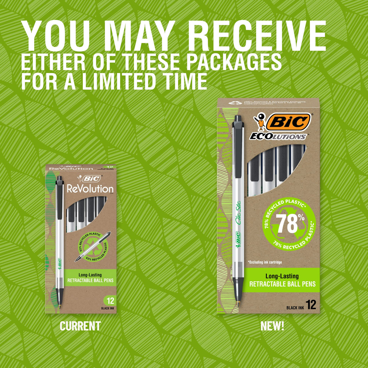 BIC ReVolution Clic Stic Retractable Ball Pen, 62% Recycled Plastic Pen, Black, Medium Point (1.0 mm), 100% Recycled Packaging, 48 Count Pack