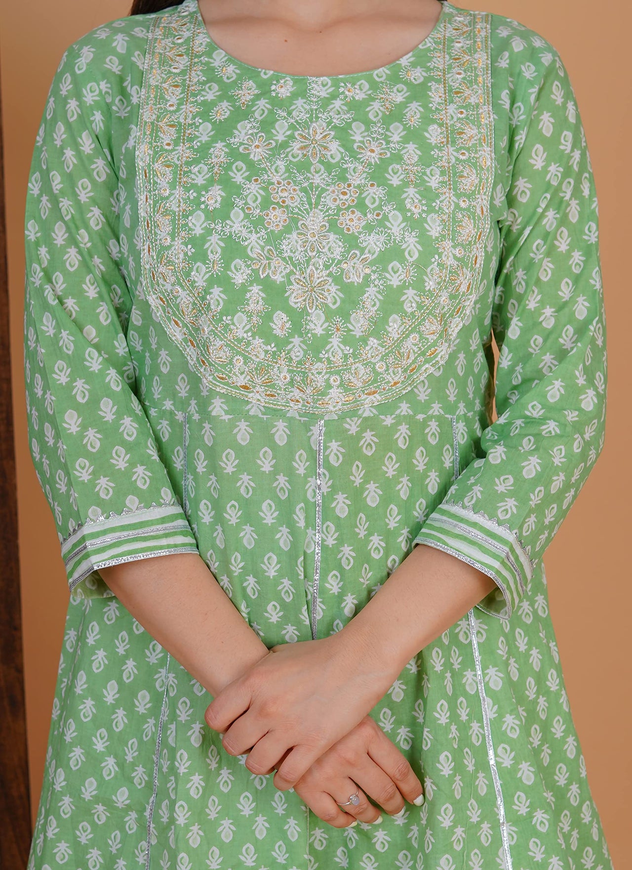 MEERA FAB Women's  Cotton Printed Zari Embrodriery Anarkali Kurta with Palazzo & Dupatta