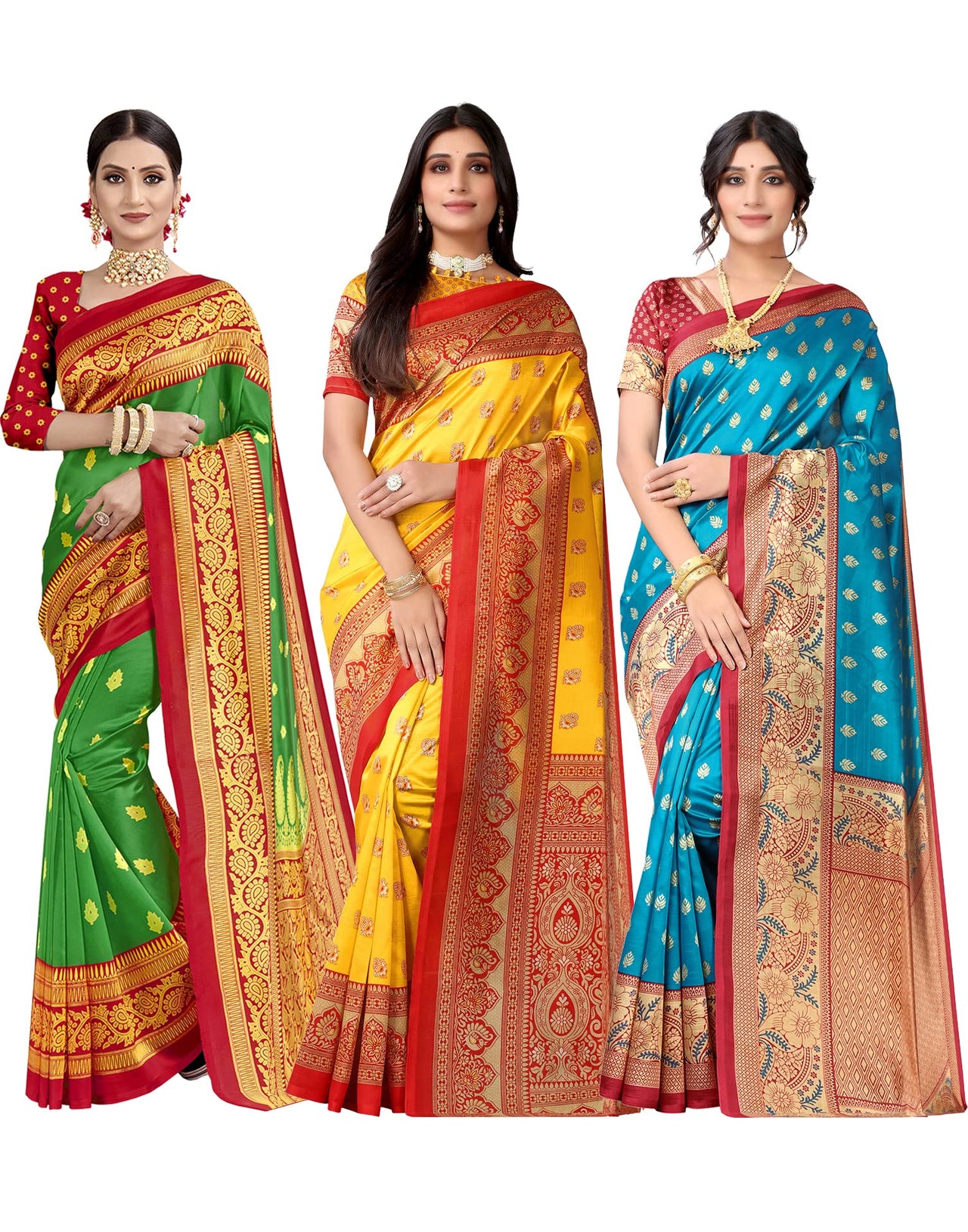 SIRIL Women's Poly Silk Saree Combo Pack Of 3 With Unstitched Blouse Piece