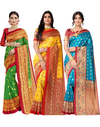 SIRIL Women's Poly Silk Saree Combo Pack Of 3 With Unstitched Blouse Piece