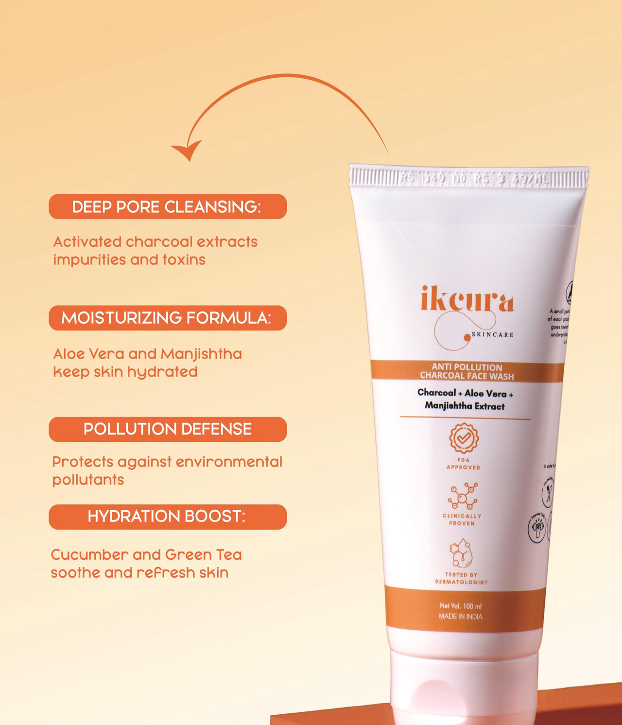 Ikcura Anti Pollution Charcoal Face Wash, Charcoal, Aloe Vera, Manjishtha Extract | Deep Cleansing, Moisturizing, Pollution Defense, Hydration Boost, 100ml