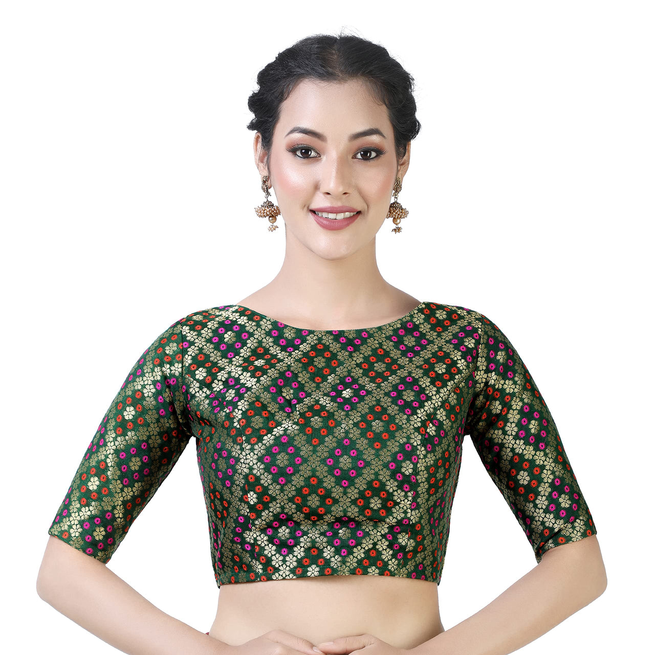 X3 Women's  Brocade Zari Weaving Elbow Length Sleeves Saree Blouse