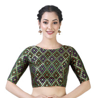 X3 Women's  Brocade Zari Weaving Elbow Length Sleeves Saree Blouse
