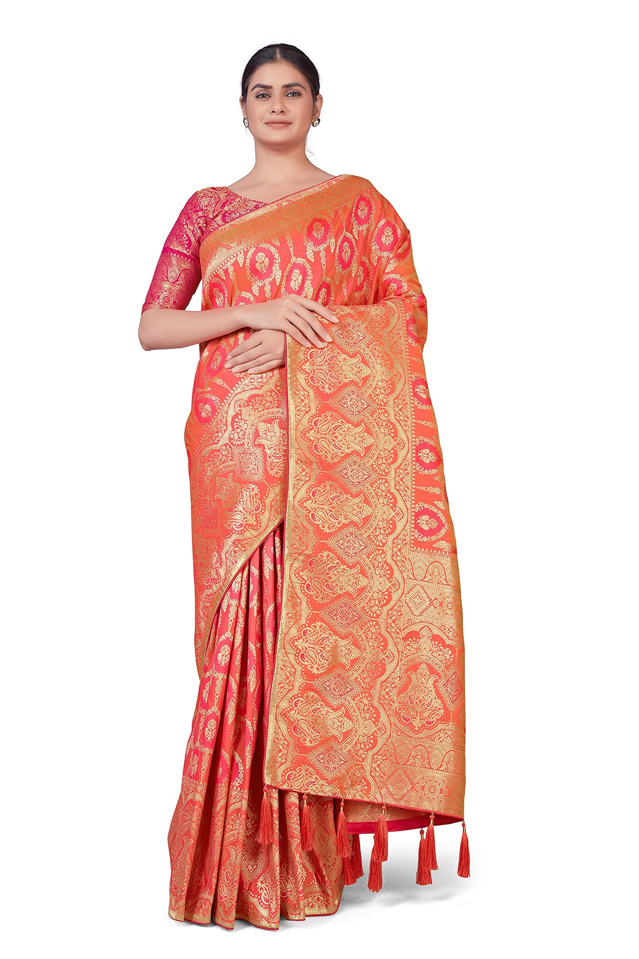 Monjolika Fashion Women's  Banarasi Silk Peach Color Golden Zari Woven Saree With Separate Embellished And Unsttiched Blouse Piece