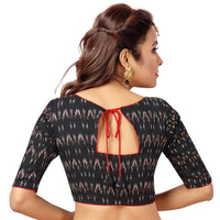 X3 Women's  Ikkat Print Black Pure Cotton Stitched Saree Blouse With Elbow Length Sleeves