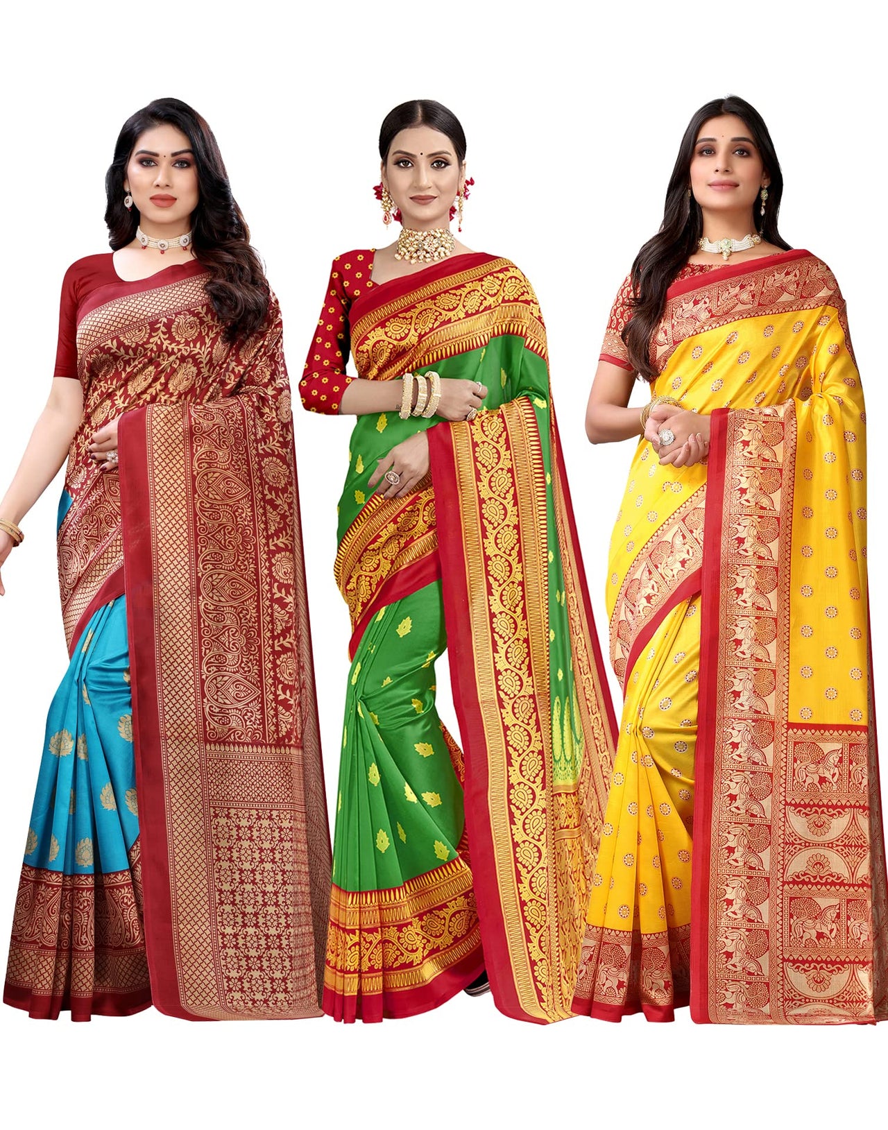 SIRIL Women's Poly Silk Saree Combo Pack Of 3 With Unstitched Blouse Piece