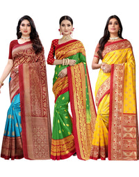 SIRIL Women's Poly Silk Saree Combo Pack Of 3 With Unstitched Blouse Piece