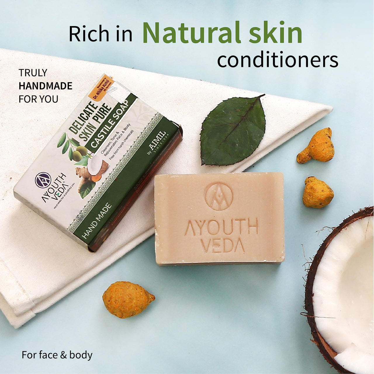 Ayouthveda Delicate Skin Pure Castile Soap (100g), Indian Clay Soap (100g), Charcoal Castile Detox Soap (110g) | Cleans, Tones & Revitalizes Skin | For Complete Skin Nourishment & Protection
