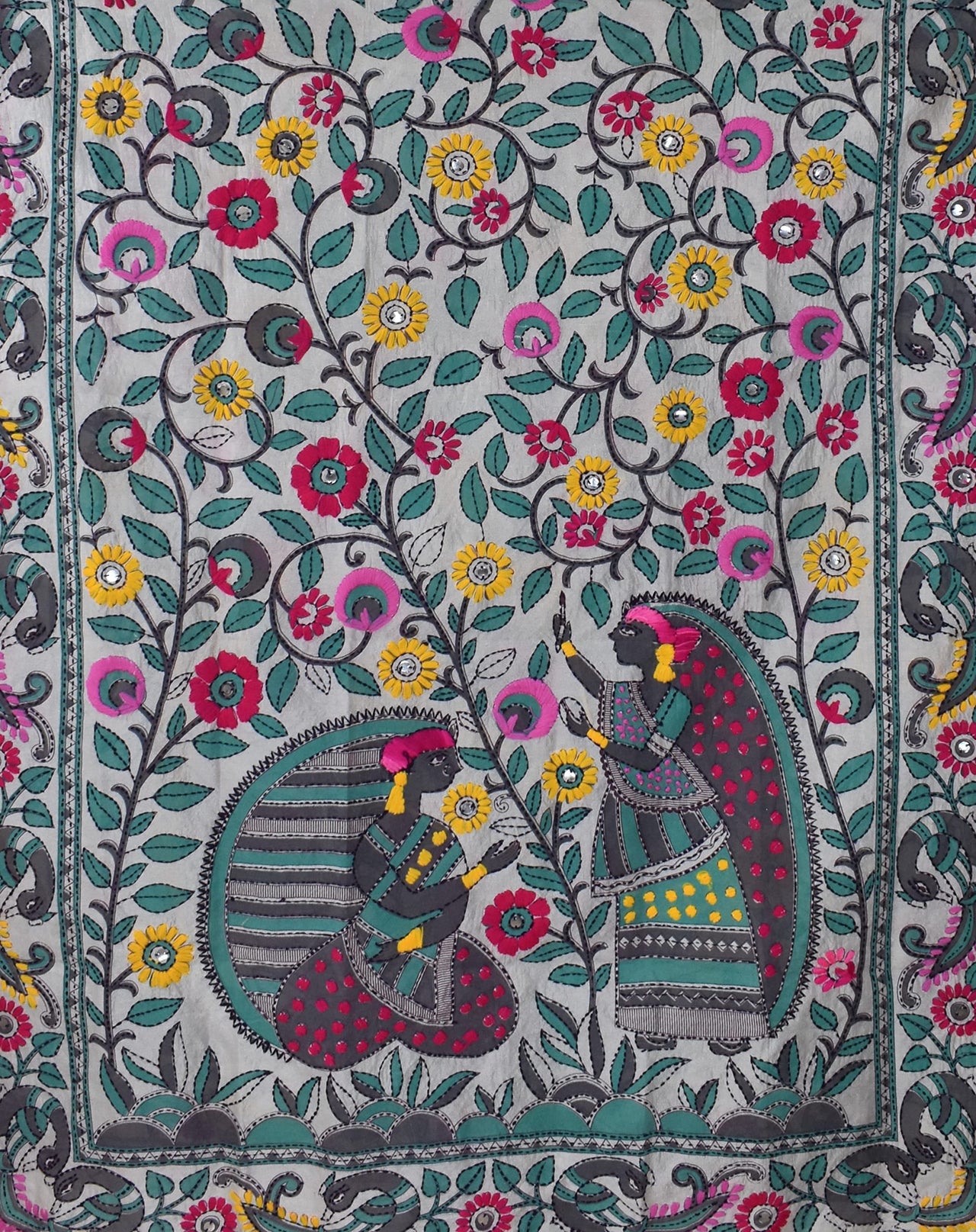 tweedle Chanderi Phulkari/Fulkari Dupatta for Women in Madhubani Kantha Embroidery