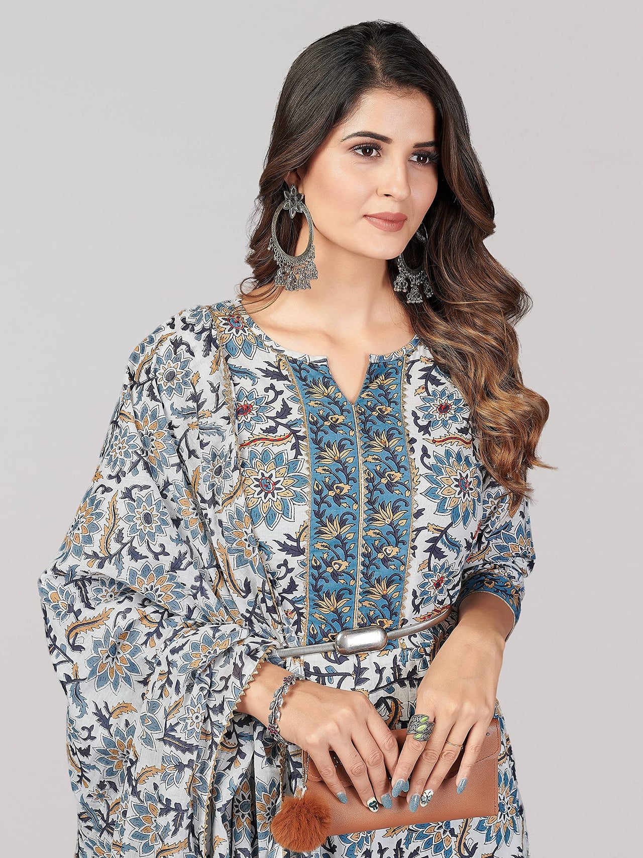 Vbuyz Women's  Printed & Sequience & Gota Patti Anarkali Cotton Blend Blue Stitched Kurta Pant with Dupatta
