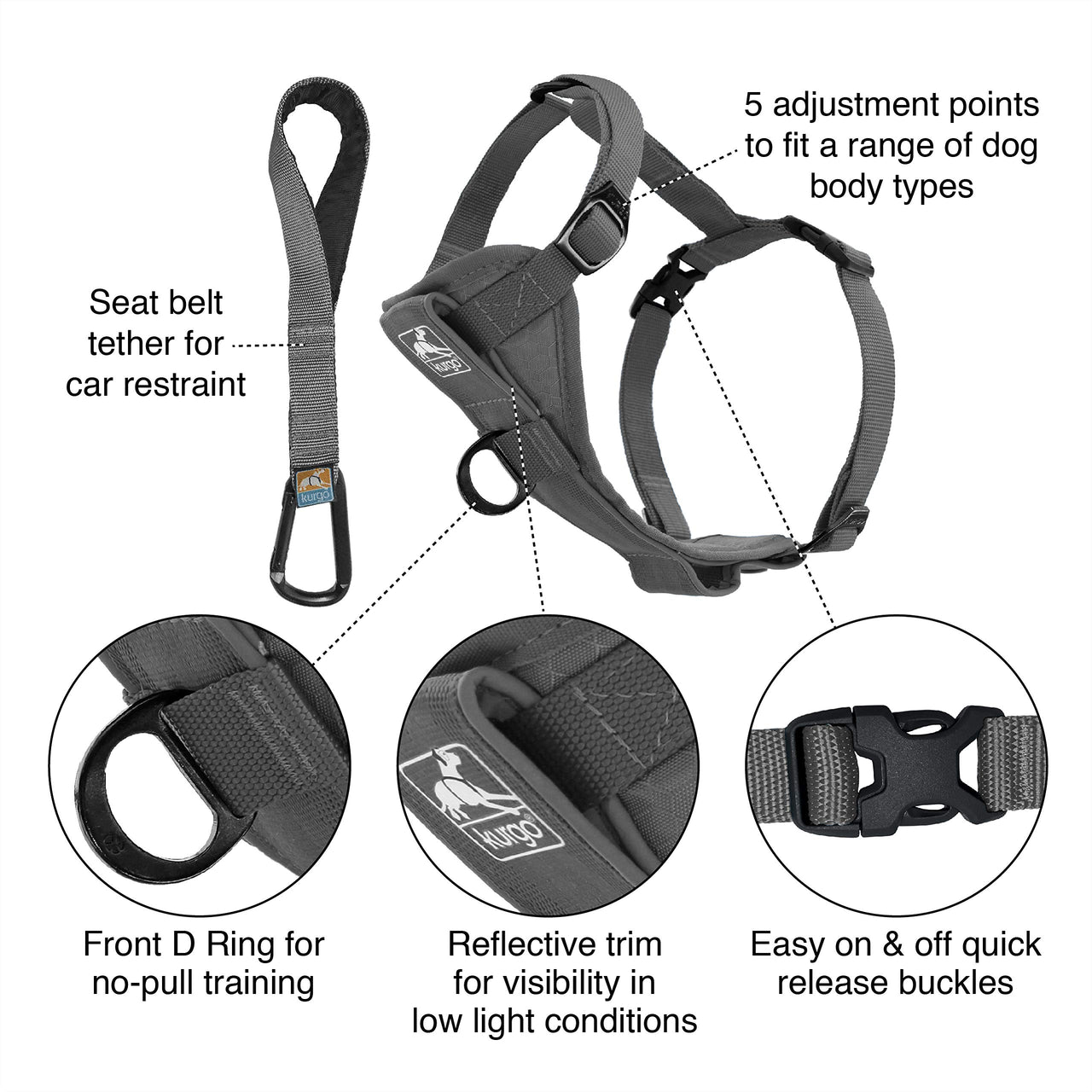 Kurgo Dog Harness | Pet Walking Harness | No Pull Harness Front Clip Feature for Training Included | Car Seat Belt | Tru-Fit Quick Release Style | Large | Grey