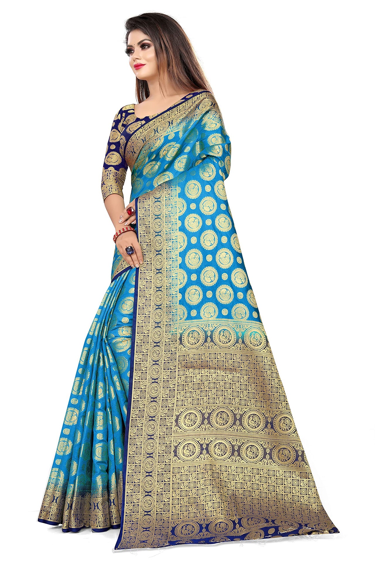 SATYAM WEAVES Women’s Daily/Party/Wedding/Casual Wear Rapier Jacquard Banarasi Cotton Silk Saree With Jacquard Designed Unstitched Blouse Piece