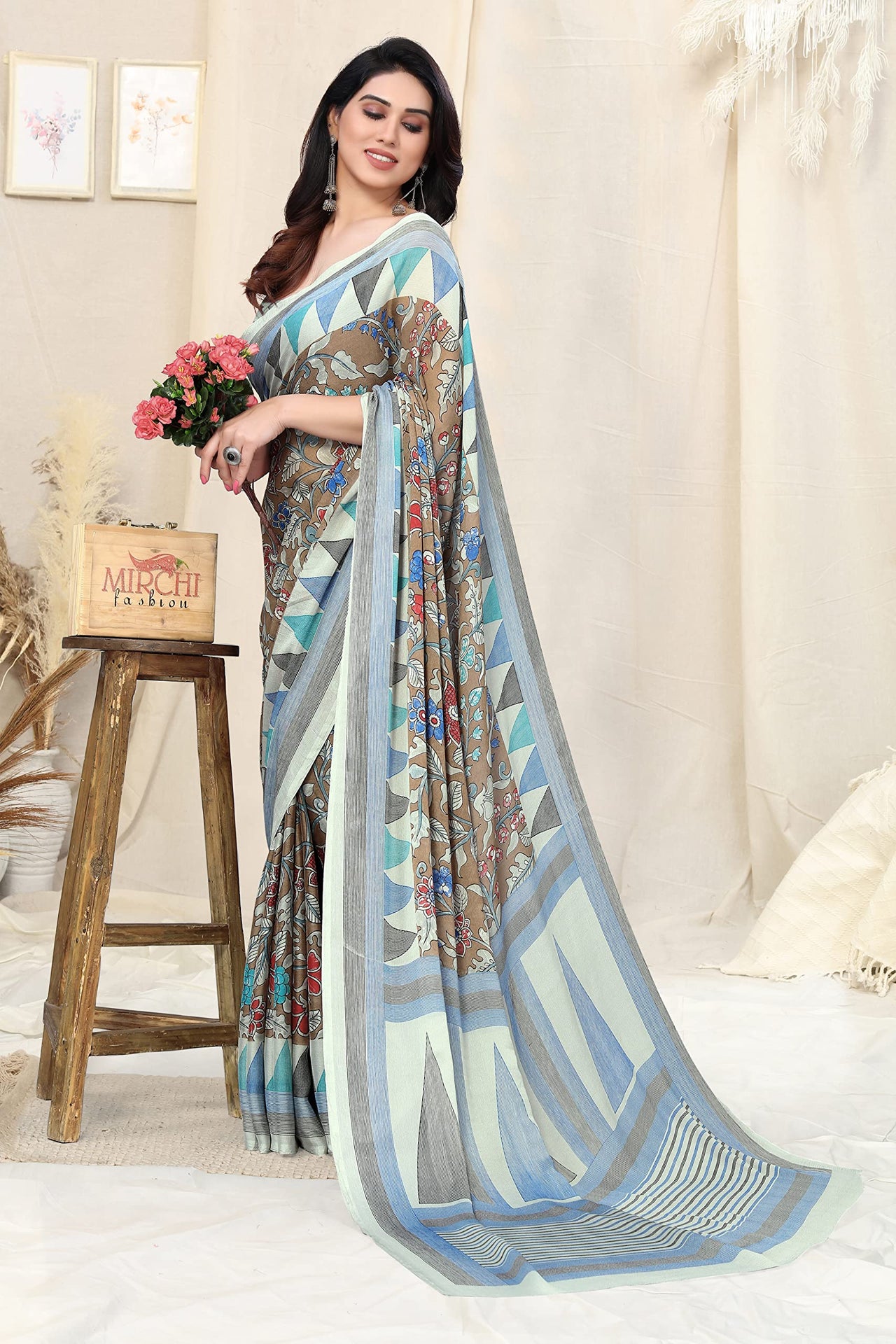 MIRCHI FASHION Women's  Stylish Chiffon Floral and Geometric Printed Saree with Blouse Piece