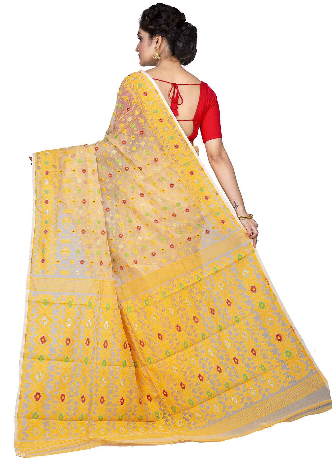 T.J. SAREES Women's  Jamdani Silk Blend Saree Without Blouse Piece