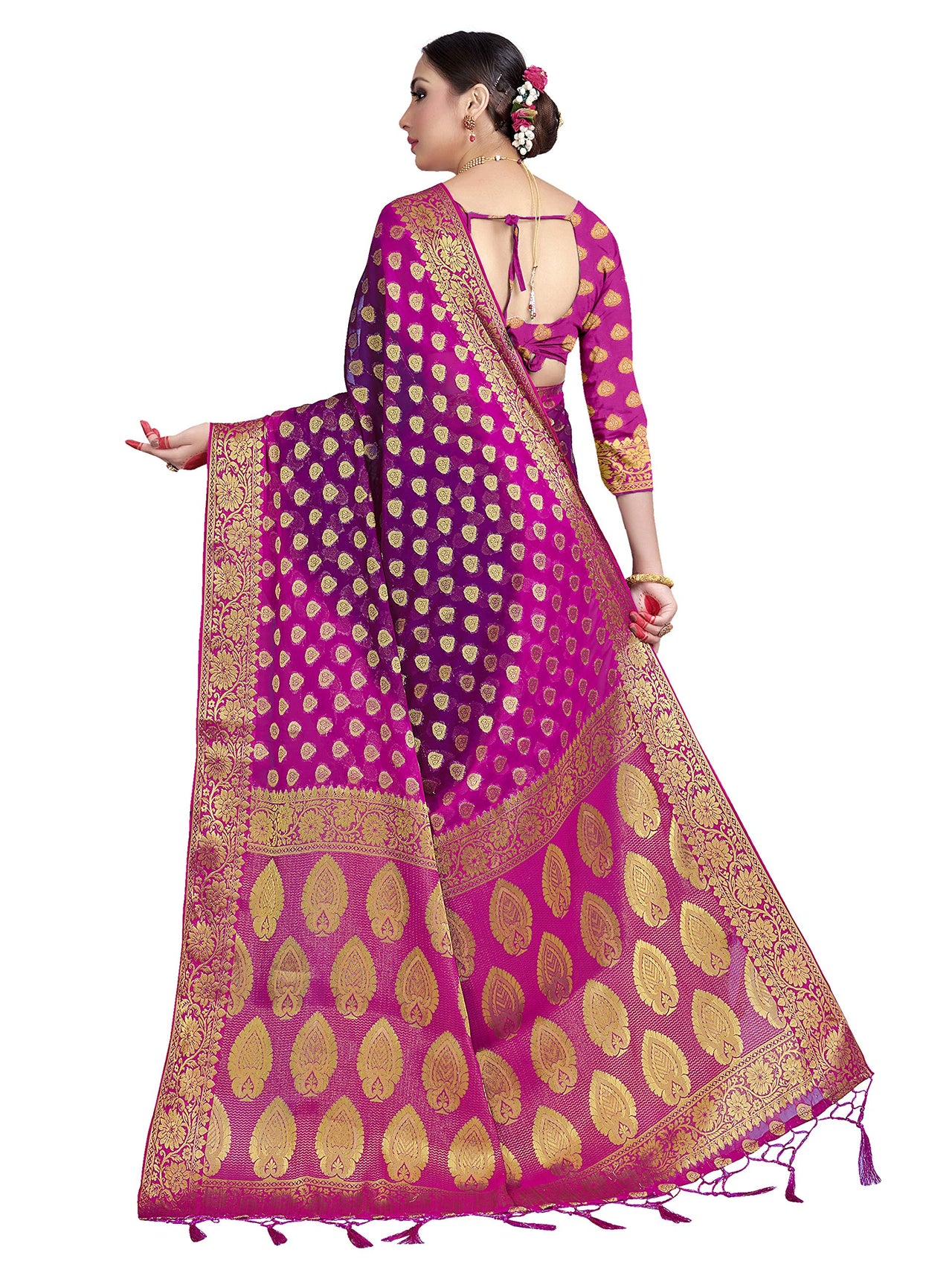 Vardha Women's  Chiffon Silk Saree with Unstitched Blouse Piece - Zari Woven Work Sarees for Wedding