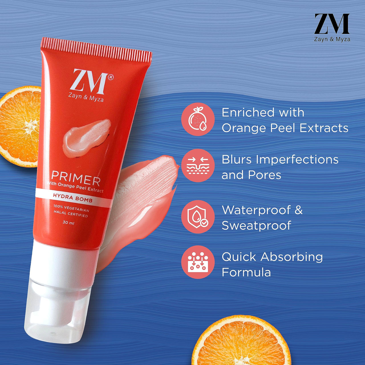 ZM Zayn & Myza Hydra Bomb Primer with Orange Peel Extract For smooth & long lasting make up, All Skin Types, 30 ml