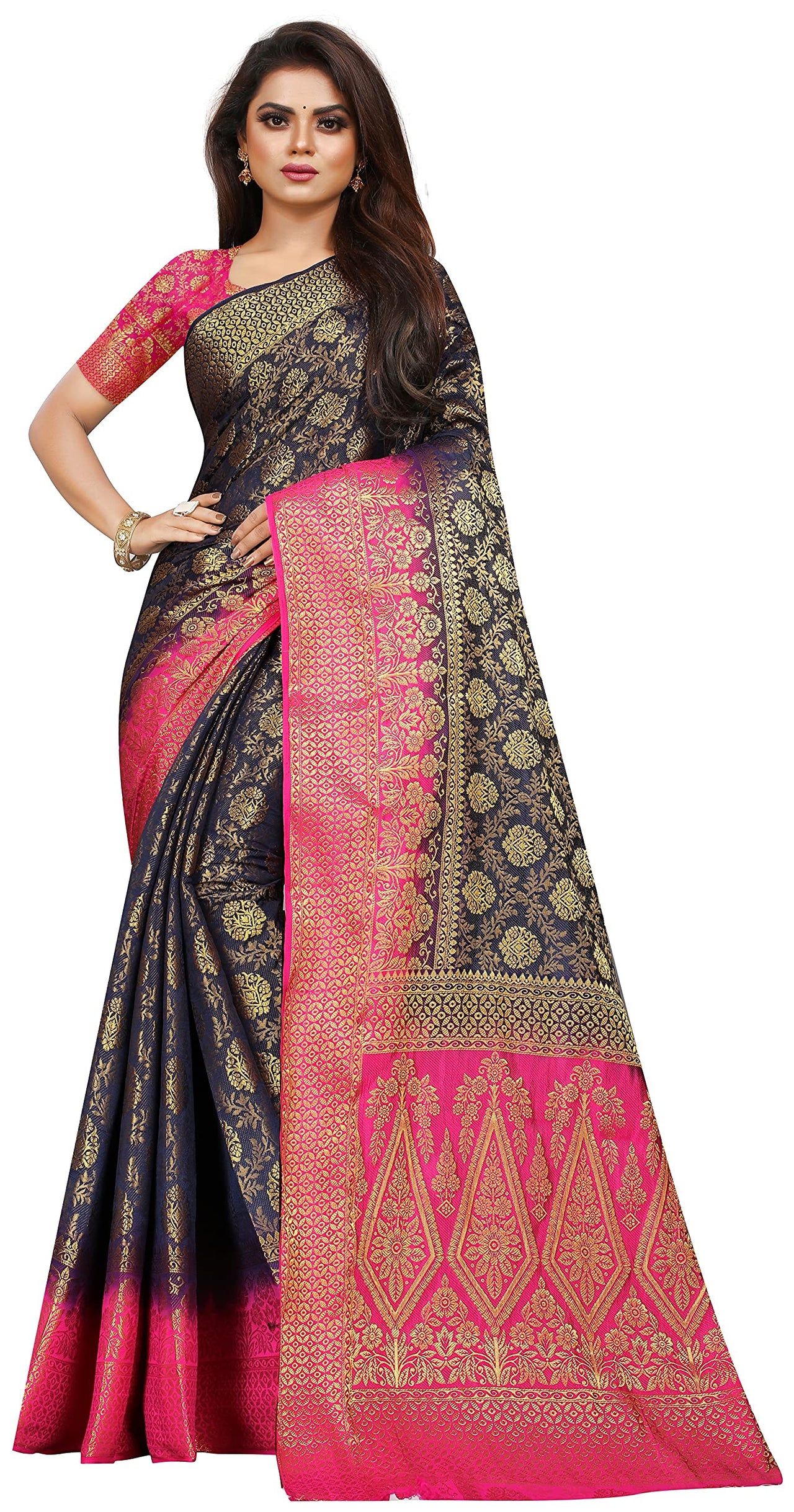 iZibra Women's  Pure Kanjivaram Silk Sraee Kanchipuram Pattu Sarees With Blouse Piece (kismat-2 paithani)