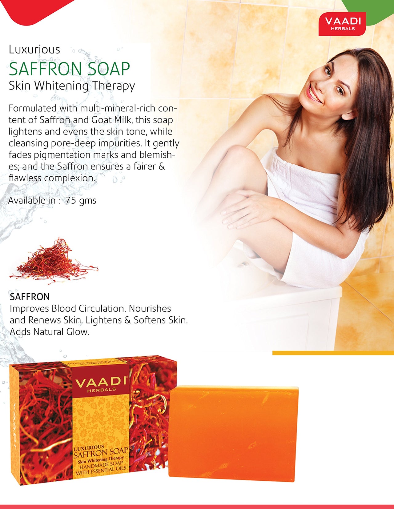 Vaadi Herbals Luxurious Saffron Soap, Skin Whitening Therapy, 75g