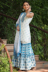 Juniper Blue Georgette Printed Straight Kurta Sharara Dupatta Set