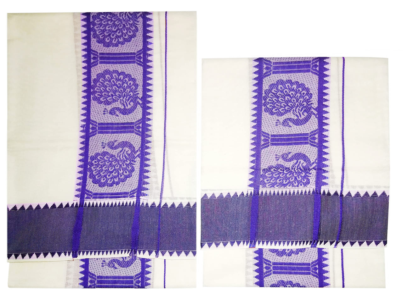 YETTALAN® Women's  Kerala Traditional Cotton Jacquard Work Set Mundu with Color Temple Border 2.00&2.80 Meters Maroon Peacock