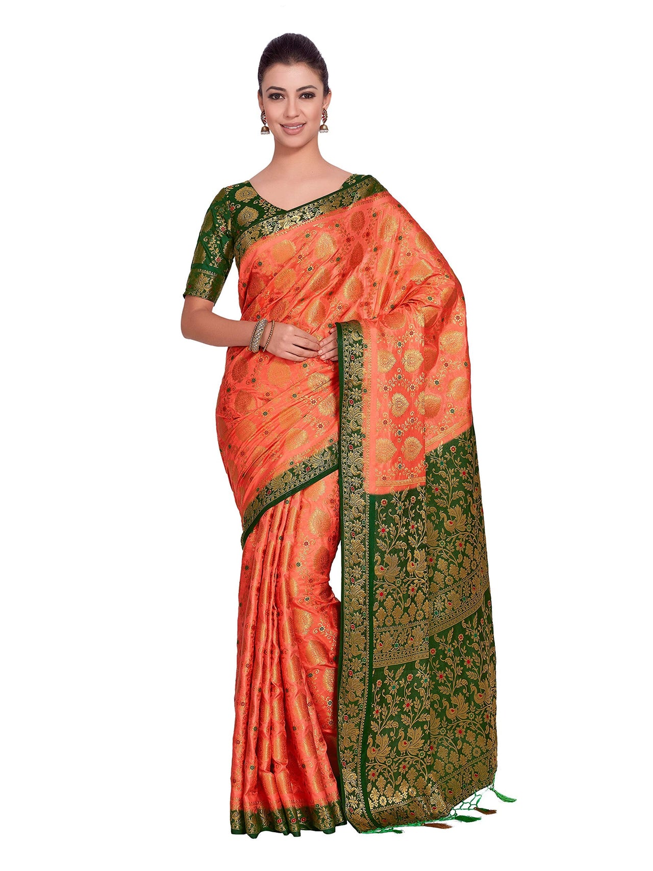 MIMOSA Art silk Wedding saree Kanjivarm Pattu style With Contrast Blouse Color: Orange (4282-65-2D-PCH-BGRN)