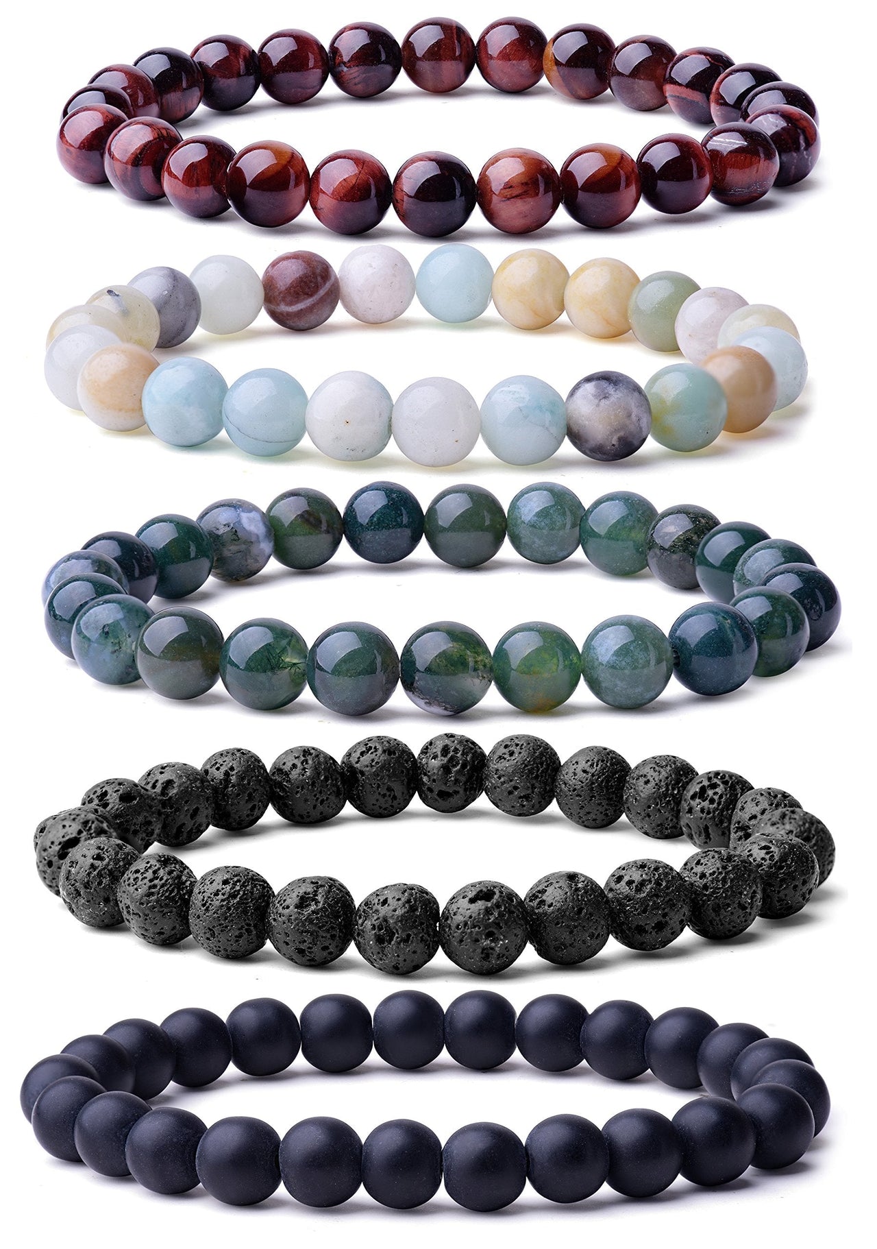 WRCXSTONE Natural 8mm Gorgeous Semi-Precious Gemstones Healing Crystal Stretch Beaded Bracelet Unisex 5 Pieces A Set (5 Colors)