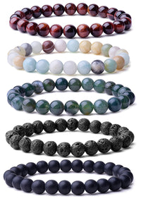 WRCXSTONE Natural 8mm Gorgeous Semi-Precious Gemstones Healing Crystal Stretch Beaded Bracelet Unisex 5 Pieces A Set (5 Colors)
