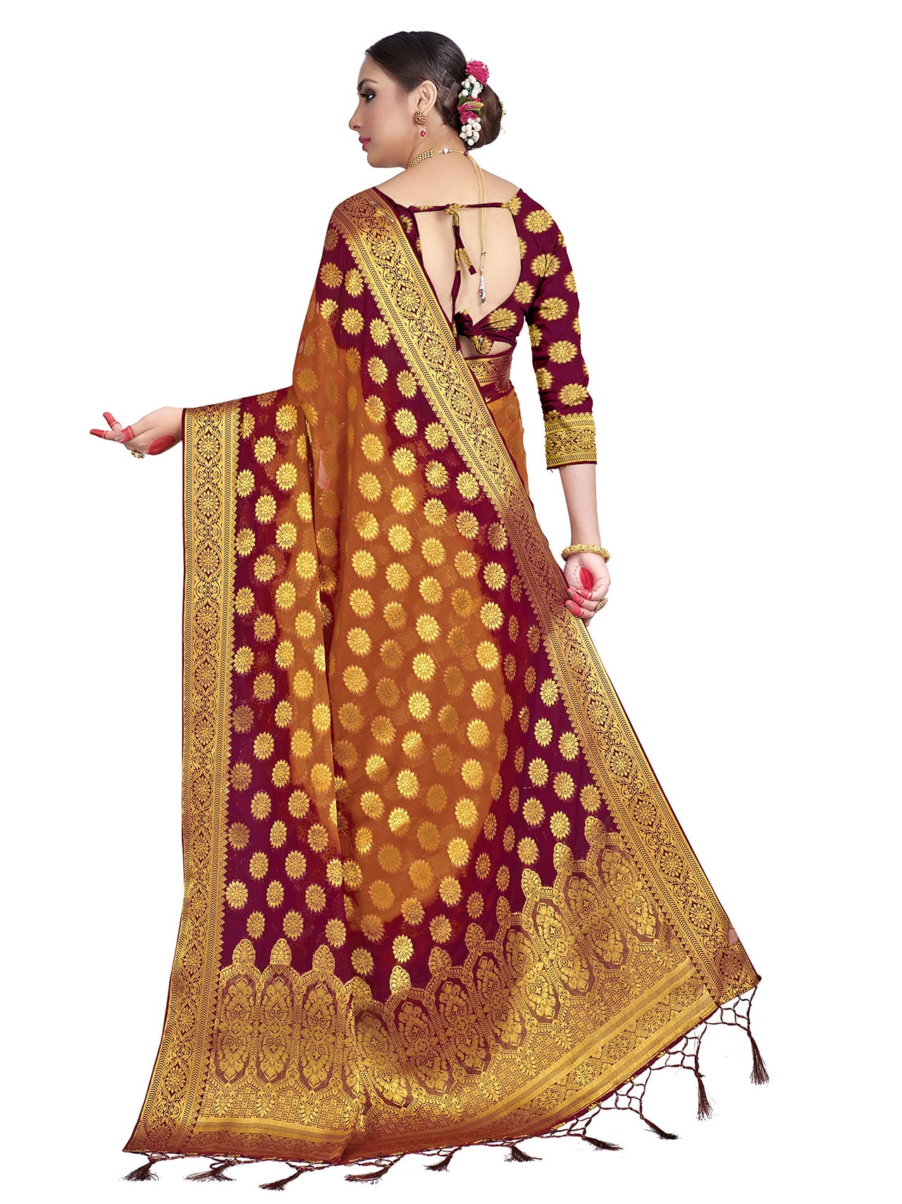 Vardha Women's  Chiffon Silk Saree with Unstitched Blouse Piece - Zari Woven Work Sarees for Wedding