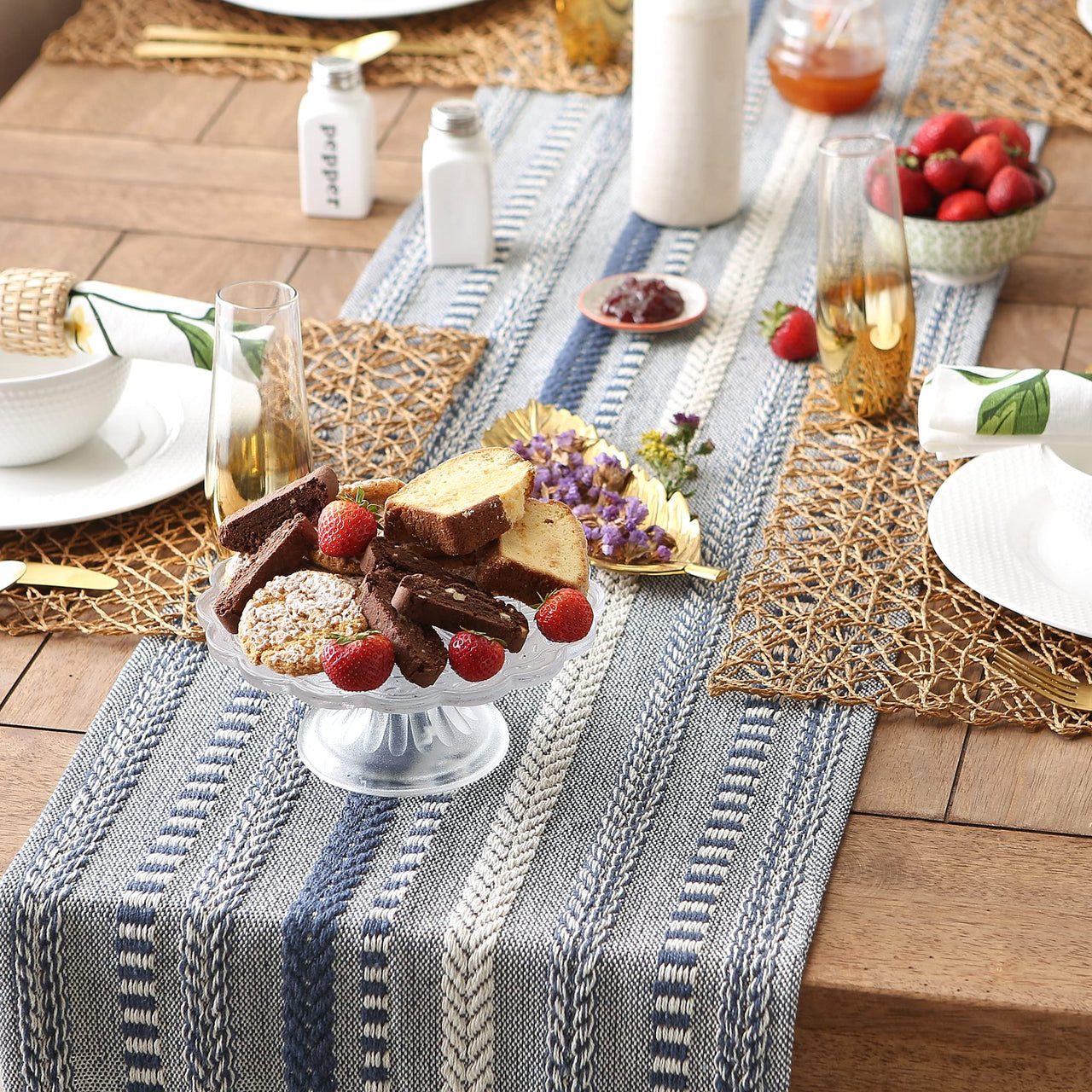 DII Farmhouse Braided Stripe Table Runner Collection, 15x72 (15x77, Fringe Included), French Blue 15x72" (15x77", Fringe Included) Striped