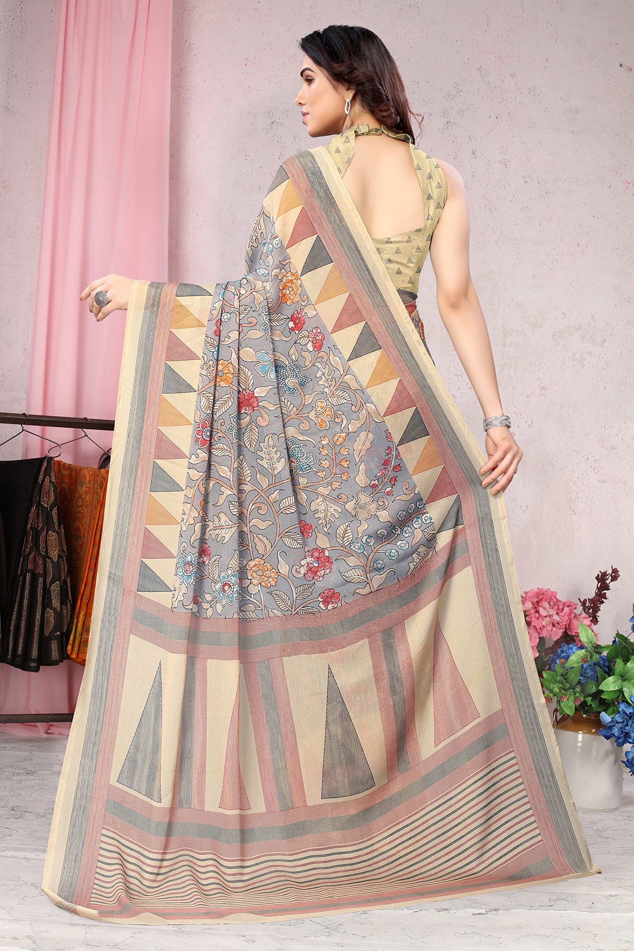 MIRCHI FASHION Women's  Stylish Chiffon Floral and Geometric Printed Saree with Blouse Piece