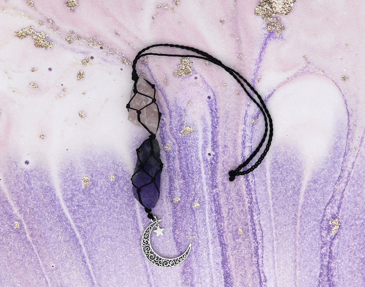 BOHO GARDEN Hanging Car Charm - Rose Quartz, Amethyst - Dangling Moon, Healing Crystal Accessories, Rearview Mirror Decorations - Love, Connection, Self-Worth, Balance, Intuition, Spirituality, Energy Rose Quartz-amethyst