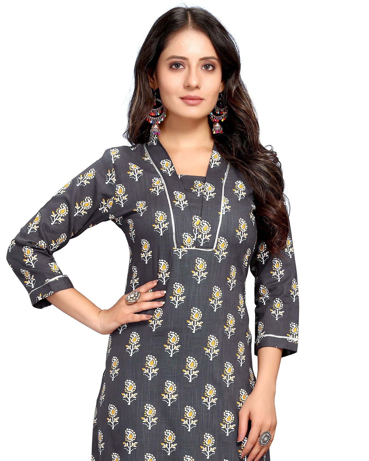 Rajnandini Women's  Grey Coloured Pure Cambric Cotton Jaipuri Printed Kurti