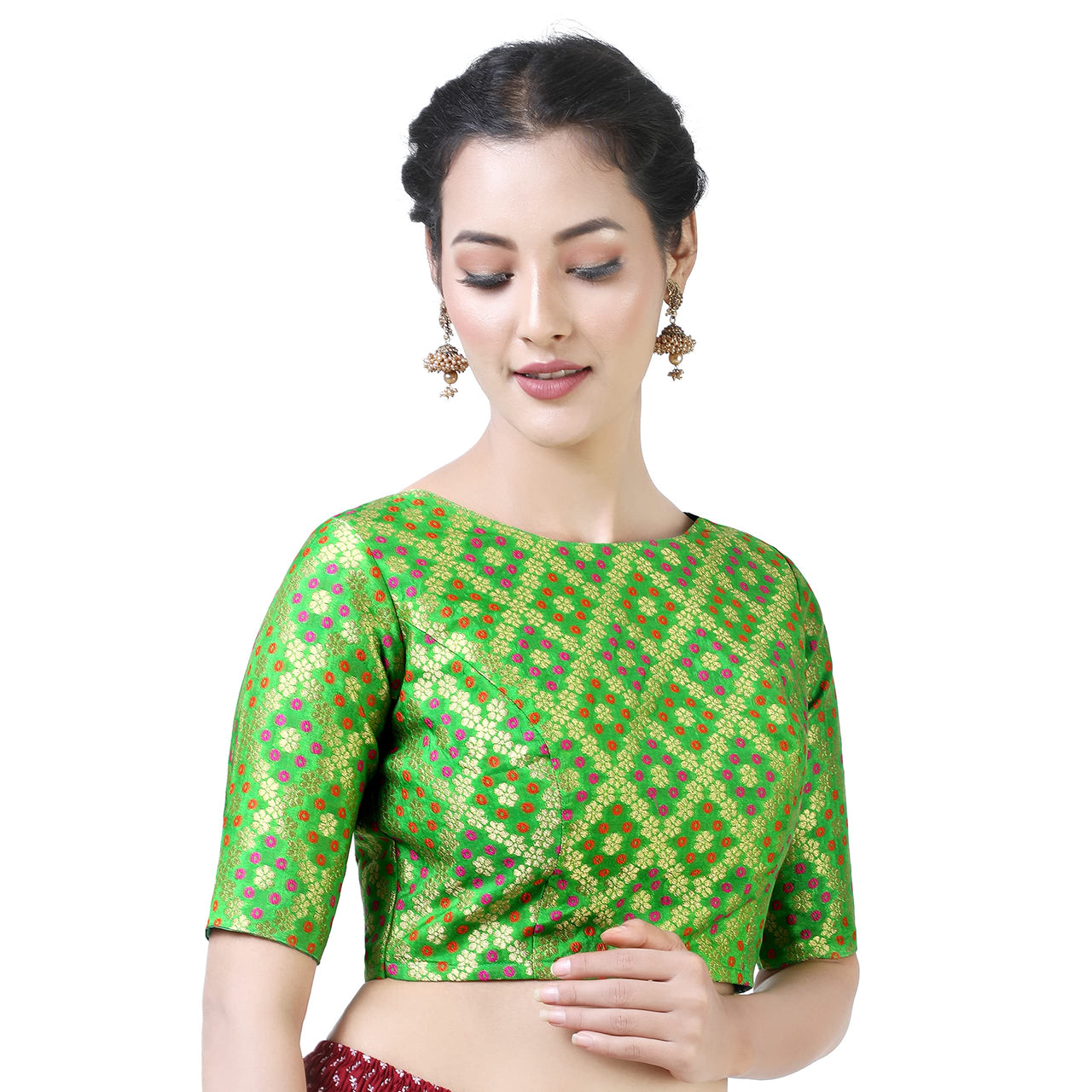 X3 Women's  Brocade Zari Weaving Elbow Length Sleeves Saree Blouse