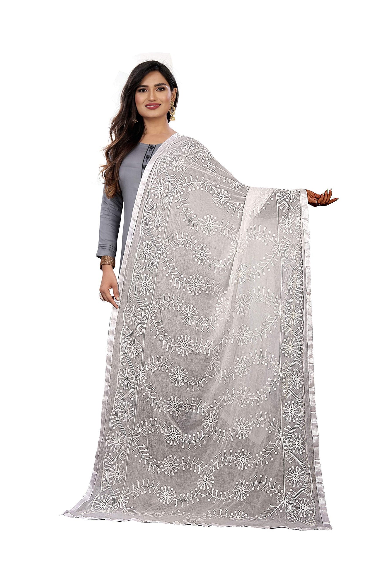 AKSHAR LLC Women's  Designer Pure Chiffon Dupatta with Pure Cotton Thread Embroidery Work
