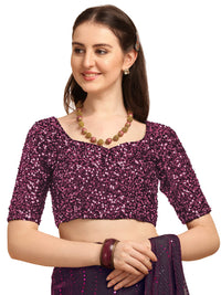 Amrutam Fab Women's  Embellished Net Pink Saree with unstitched Sequences velvet Blouse Piece