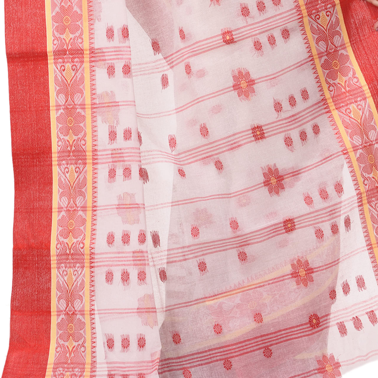 dB DESH BIDESH Women`s Traditional Bengal Phulkoli Woven Design Pure Handloom Cotton Saree Without Blouse Piece White Red