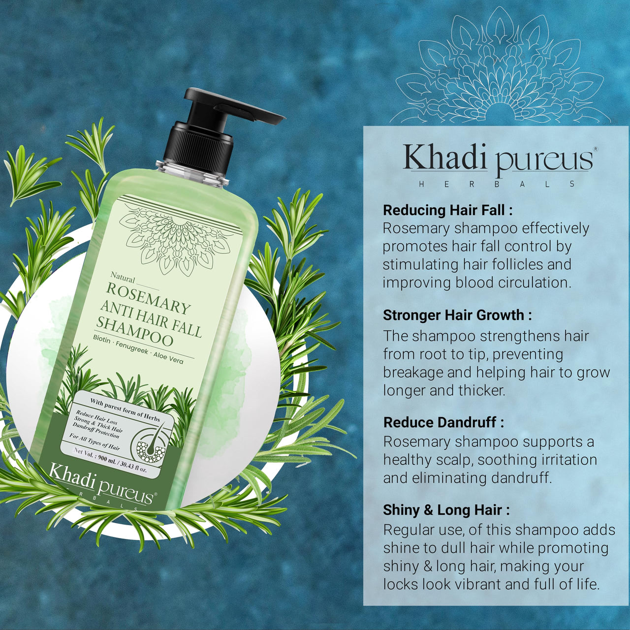 Khadi Pureus Herbals Shreekesha Rosemary Anti Hair Fall Shampoo for Hair Growth, Reduce Hair Loss & Damage, Hair Fall Control, Anti Dandruff & Frizzy hair | Herbal Hair Cleanser with properties & Pure Powerful Natural Ingredients for Women & Men (900 ml)