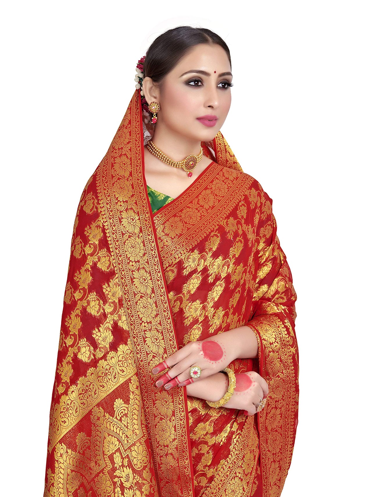 Vardha Women's  Chiffon Silk Saree with Unstitched Blouse Piece - Zari Woven Work Sarees for Wedding