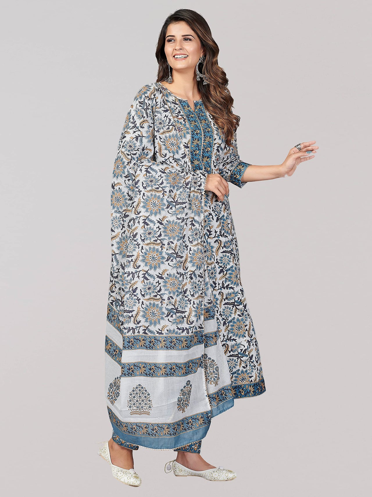 Vbuyz Women's  Printed & Sequience & Gota Patti Anarkali Cotton Blend Blue Stitched Kurta Pant with Dupatta