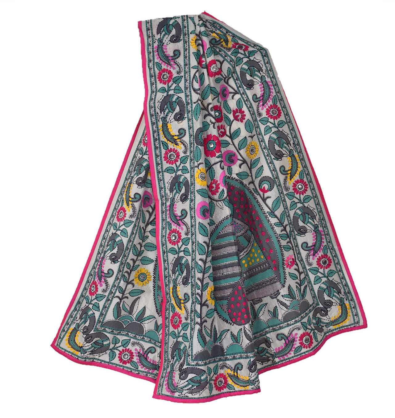 tweedle Chanderi Phulkari/Fulkari Dupatta for Women in Madhubani Kantha Embroidery