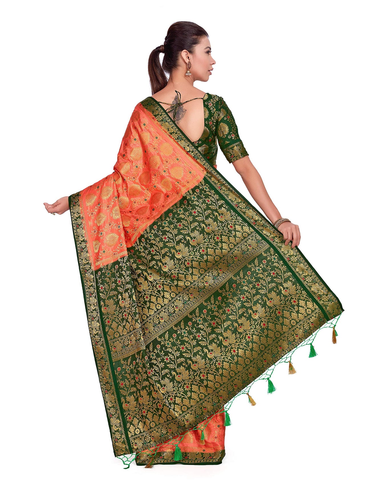 MIMOSA Art silk Wedding saree Kanjivarm Pattu style With Contrast Blouse Color: Orange (4282-65-2D-PCH-BGRN)