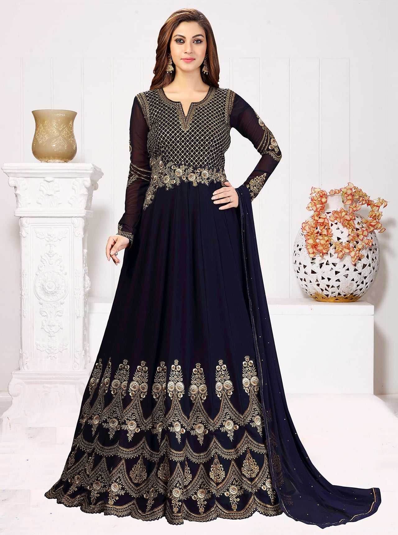 PANASH TRENDS Women's  Georgette Embroidery Anarkali Salwar Suit Set - Stitched