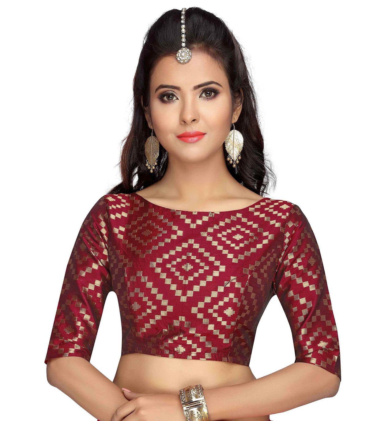 X3 Women's  Benaras Brocade Readymade Saree Blouse with Elbow Length Sleeves
