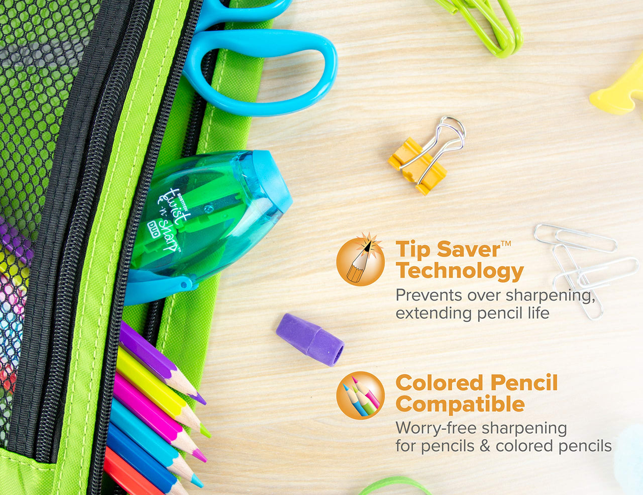 Bostitch Office Twist-N-Sharp Manual Pencil Sharpener, 2 Holes for Standard and Jumbo Pencils with Ratchet Technology, 1 Sharpener Random Color